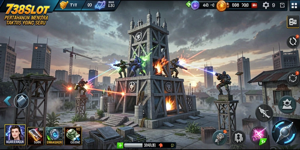 Tampilan gameplay 738SLOT dengan aksi Tower Defense yang intens.