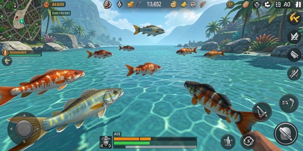 Tangkapan layar gameplay seru AA62 menampilkan aksi menembak ikan.
