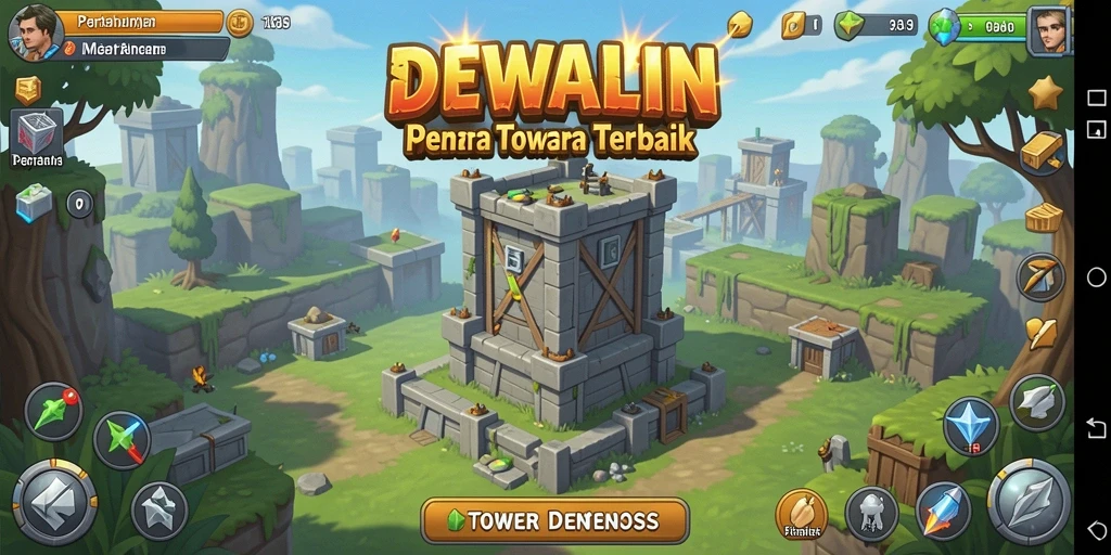 Tampilan gameplay menegangkan di DEWALIN dengan menara bertahan melawan gelombang musuh.