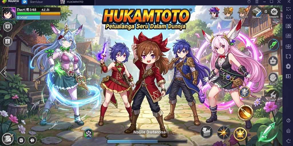 Tampilan gameplay HUKUMTOTO dengan karakter anime beraksi.