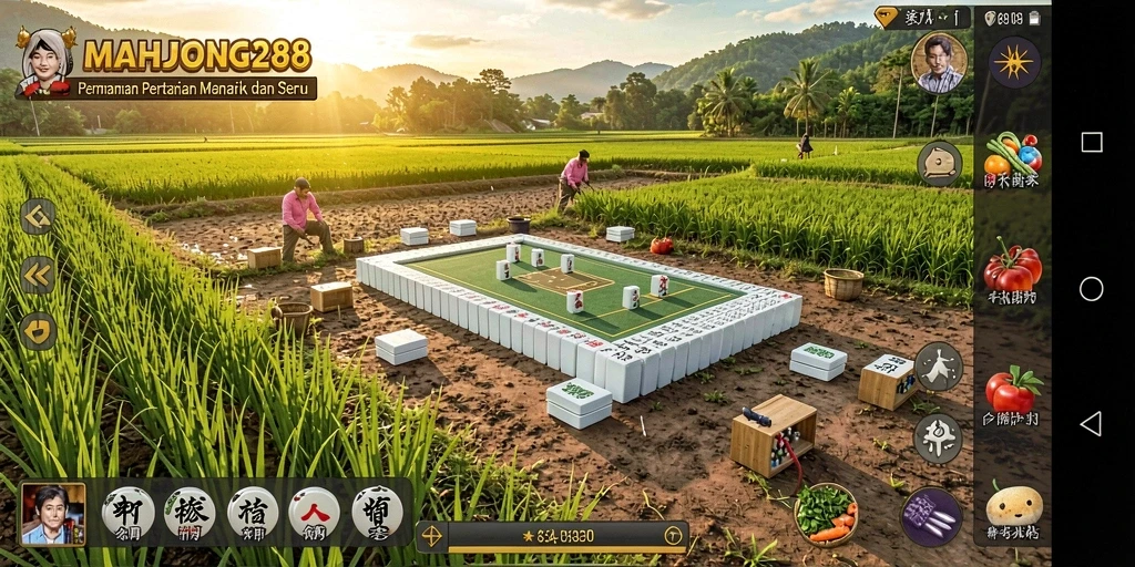 Tampilan gameplay <strong>MAHJONG288</strong> menampilkan aktivitas pertanian yang berwarna dan seru.